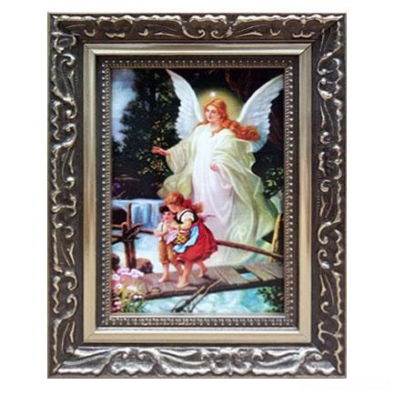 Obraz 10x15cm Anioł Stróż kładka rama ornament (14,5x19,5cm) - 62921