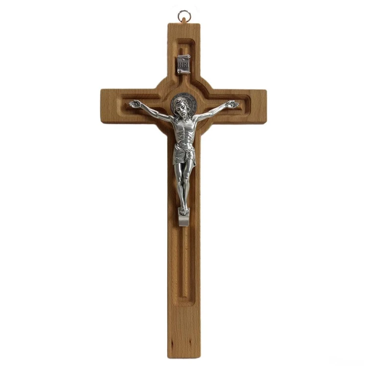 Krzyż wiszący drewniany h47cm Św. Benedykt jasny "rzeźbiony" - 62615
