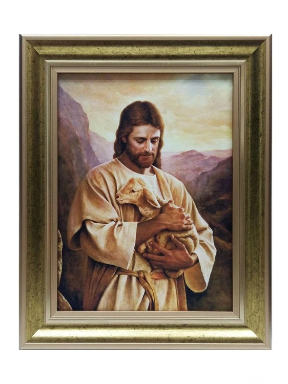 Obraz 30x40cm Pan Jezus Dobry Pasterz (z owieczką) NA PŁÓTNIE rama złota - 61774