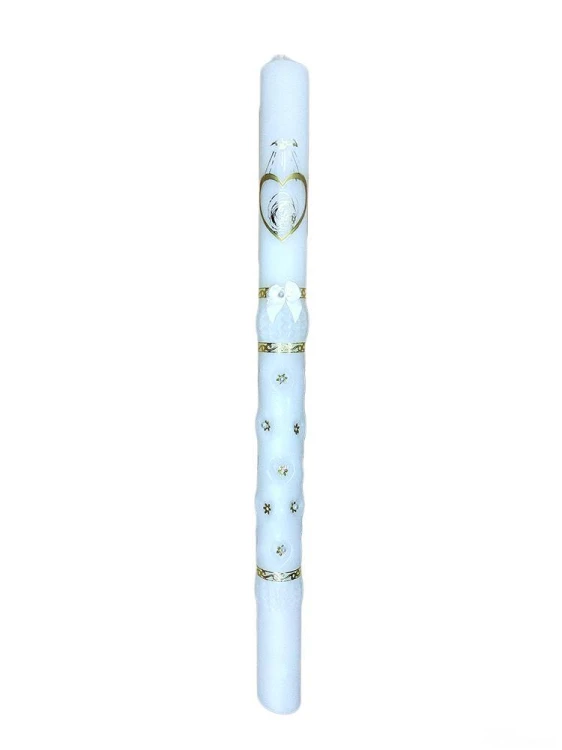 Świeca chrzest - KOKARDKA BIAŁA rzeźbiona (imię, data) ZŁOTA - 61436