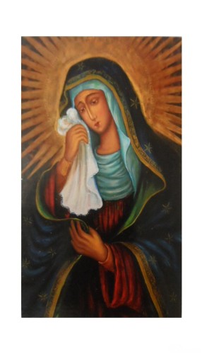 Ikona 7x12cm Matka Boża płacząca (chusteczka) na desce z kołkiem - 60323