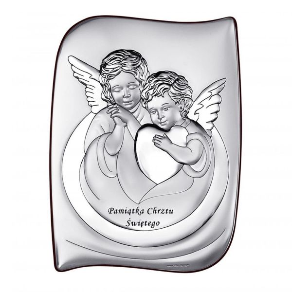 Obraz srebrny 13x10cm Dwa aniołki (serce) Pamiątka Chrztu Św. prostokąt - 54807