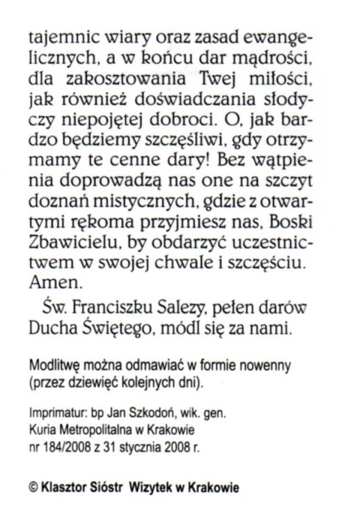 Składanka św. Franciszek Salezy. Modlitwa św. Franciszka Salezego o dary Ducha św. - 41918