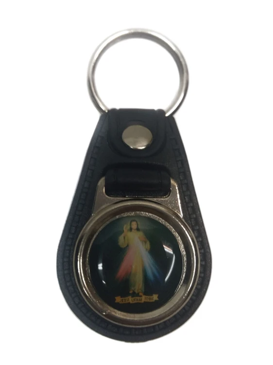 Brelok metalowy - Jezu Ufam Tobie na skórze okrągły - 40257