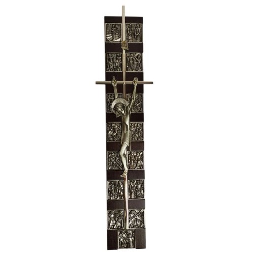 Krzyż wiszący z DROGĄ KRZYŻOWĄ 33cm metalowy na drewnie WIŚNIA-ZŁOTO - 39936 5902808100478