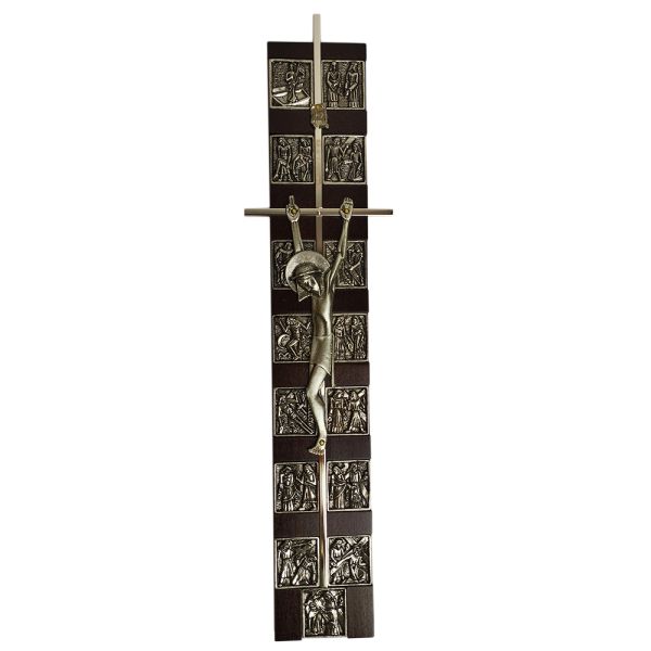 Krzyż wiszący z DROGĄ KRZYŻOWĄ 33cm metalowy na drewnie WIŚNIA-ZŁOTO - 39936 5902808100478