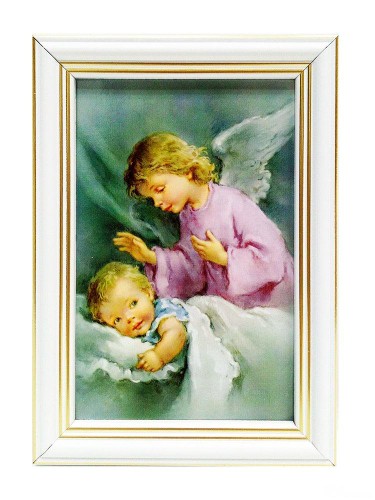 Obraz 10x15cm Anioł Stróż (różowa sukienka) rama biała - 39409