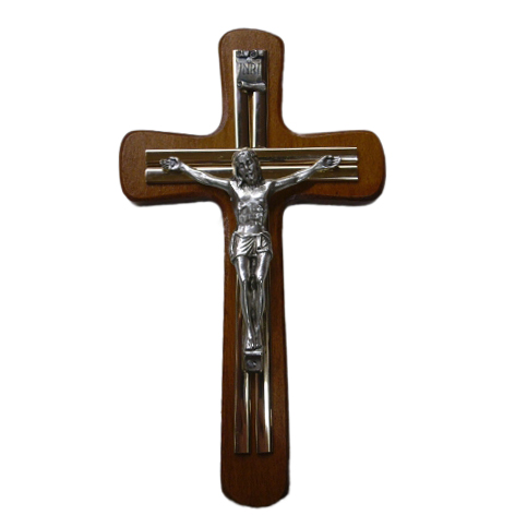Krzyż wiszący drewniany h20cm MAHOŃ z PODWÓJNĄ wkładką - 37813