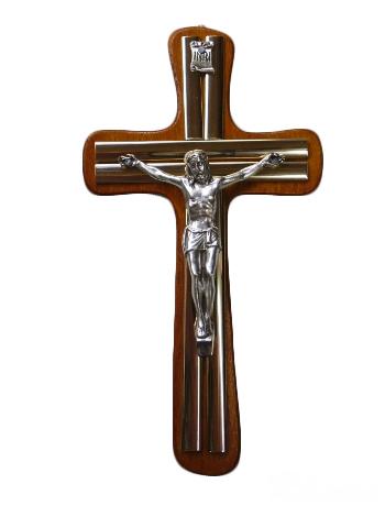 Krzyż wiszący drewniany h15cm MAHOŃ z PODWÓJNĄ wkładką - 37811