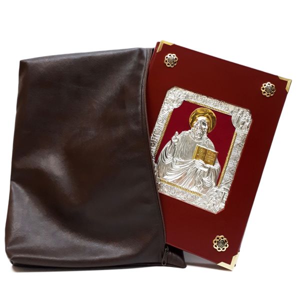 Okładka na Ewangeliarz (skórzana) w etui - ikona Chrystus nauczający + haftowany krzyż jerozolimski - 37219