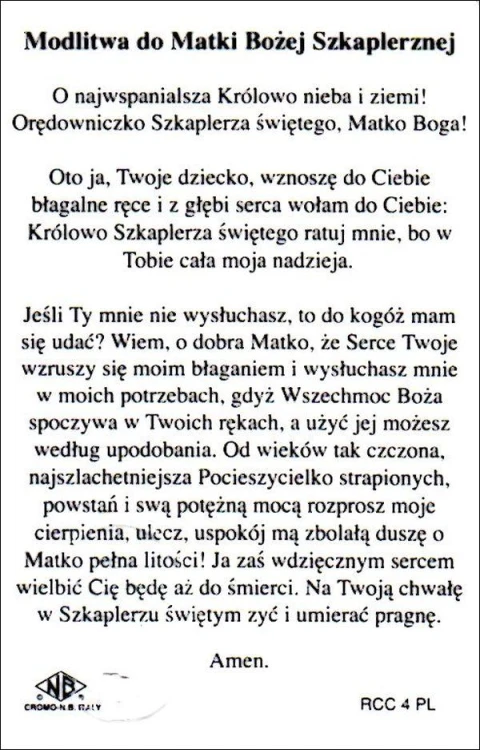 Plakietka MB  Szkaplerzna - lakierowana z modlitwą i medalikiem - 36383