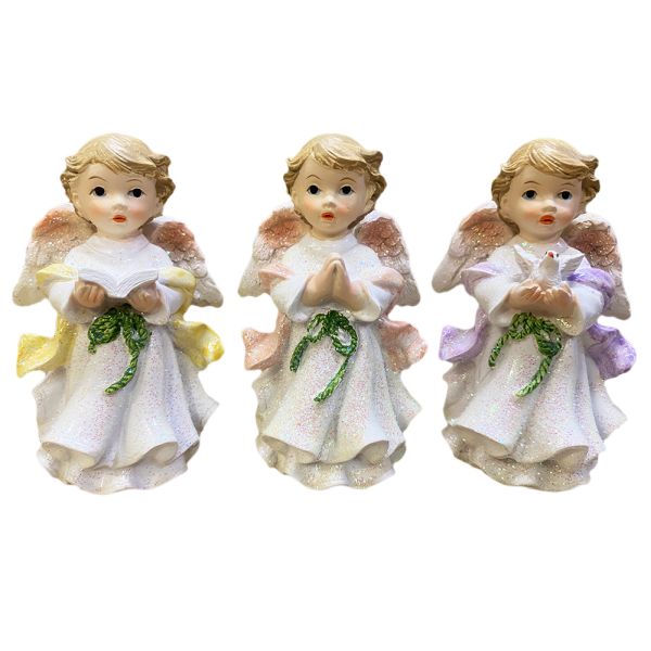 Figura Anioł stojący 10cm ze wstążką biały (różne wzory 3) - 35083