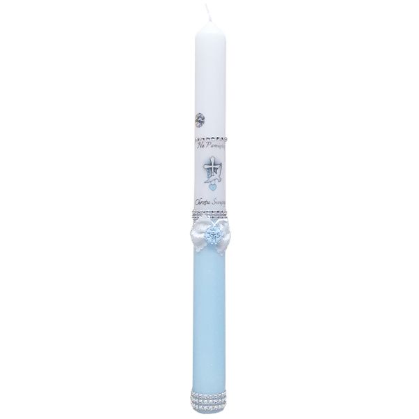 Świeca chrzest - srebrne napisy, niebieski brokat (cyrkonie) - 34820
