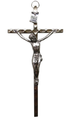 Krzyż wiszący metalowy niklowany łuska 11cm - 32731