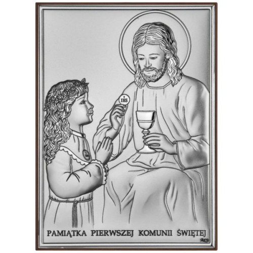 Obraz srebrny I Komunia Św. 7x10cm Pan Jezus z dziewczynką (napis) - 30549