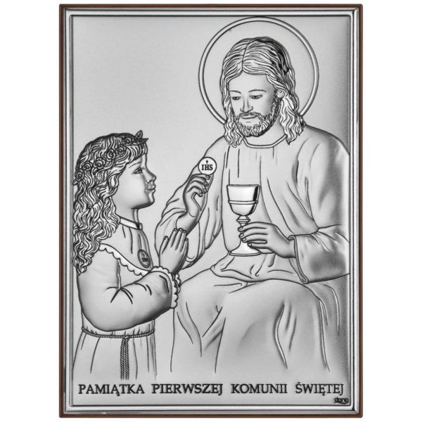 Obraz srebrny I Komunia Św. 7x10cm Pan Jezus z dziewczynką (napis) - 30549