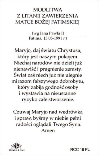Plakietka MB  Fatimska - lakierowana z modlitwą i medalikiem - 25782