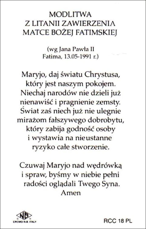 Plakietka MB  Fatimska - lakierowana z modlitwą i medalikiem - 25782