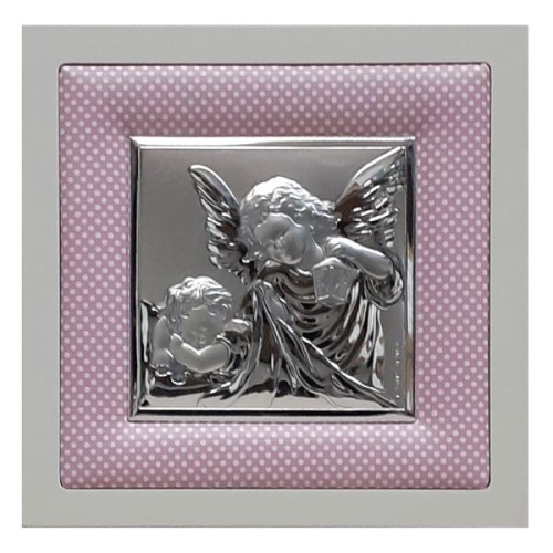 Obraz srebrny 14x14cm Anioł Stróż (latarka) na poduszeczce - ! - 25321