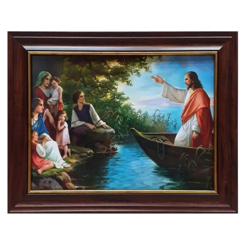 Obraz 30x40cm Pan Jezus nauczający w łodzi, rama brązowa ze wstawką - 18553
