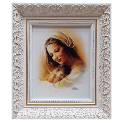 Obraz 30x35cm Matka Boża z Dzieciątkiem (kolor) rama biała ornament - ! - 16947