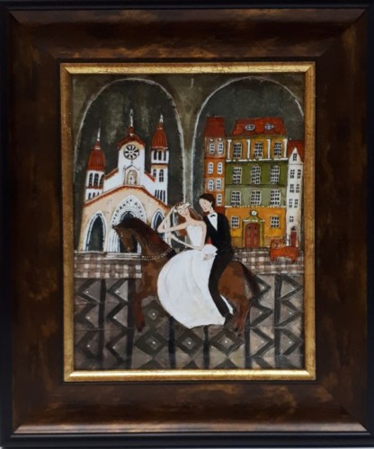 Obraz 30x35cm - KAFELEK w ramce (ceramiczny) Para Młoda (na koniu) - 15993