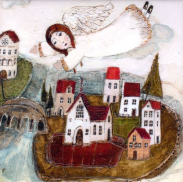 Obrazek - KAFELEK Anioł and miastem 11x11cm (ceramiczny) - 15866