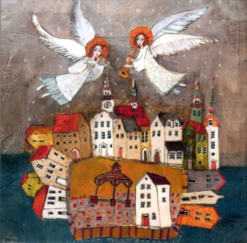 Obrazek - KAFELEK Dwa aniołki and miastem 11x11cm (ceramiczny) - 15865