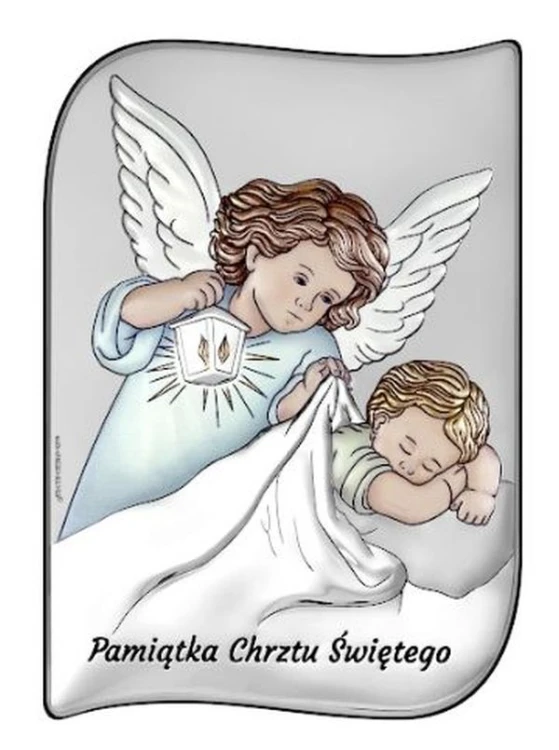 Obraz srebrny (KOLOR) 12x17cm Anioł Stróż latarka Pamiątka Chrztu Św. prostokąt - 14107