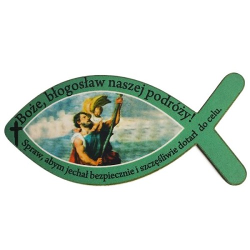 Plakietka drewniana RYBKA ZIELONA "Boże błogosław..." 8x3,5cm - 12901