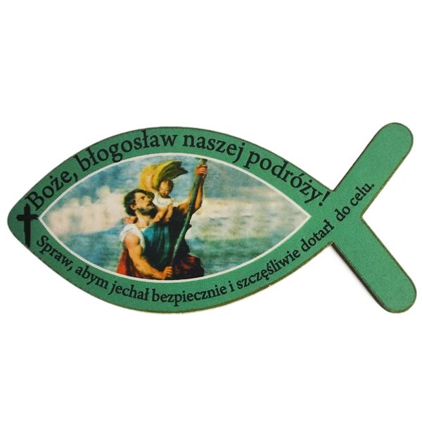 Plakietka drewniana RYBKA ZIELONA "Boże błogosław..." 8x3,5cm - 12901