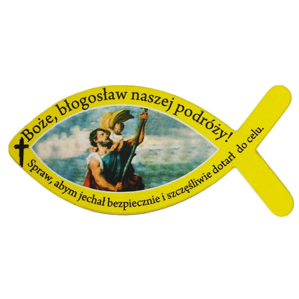 Plakietka drewniana RYBKA ŻÓŁTA "Boże błogosław..." 8x3,5cm - 12882