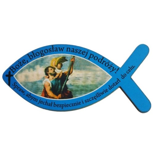 Plakietka drewniana RYBKA NIEBIESKA "Boże błogosław..." 8x3,5cm - 12876