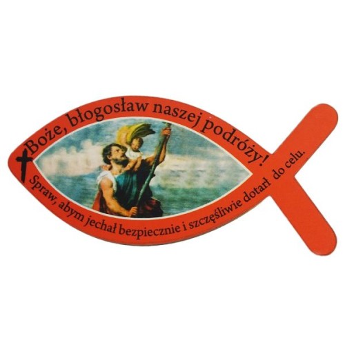 Plakietka drewniana RYBKA CZERWONA "Boże błogosław..." 8x3,5cm - 12874