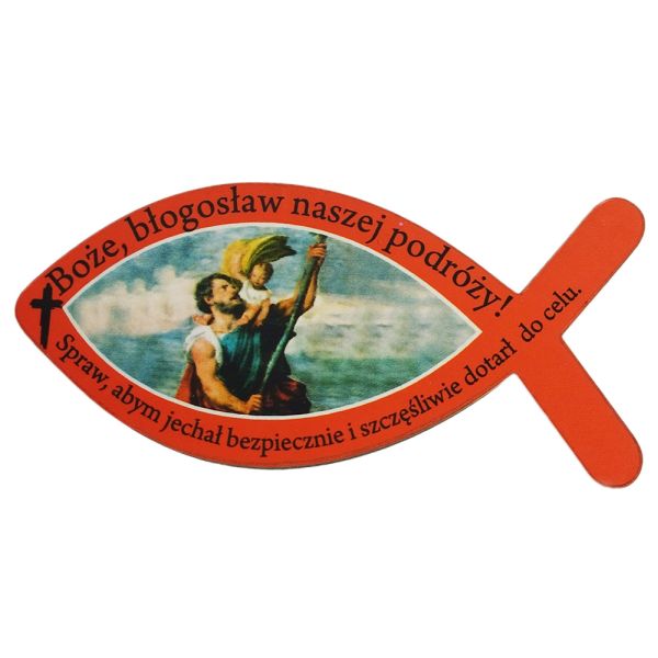 Plakietka drewniana RYBKA CZERWONA "Boże błogosław..." 8x3,5cm - 12874