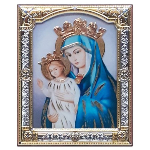 Ikona (grecka) srebrna kolorowa  Matka Boża 11x14 cm z szybką - 12786              