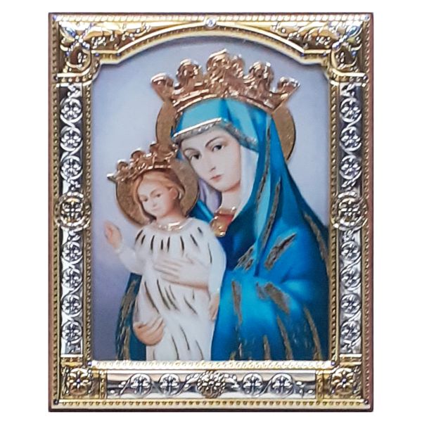 Ikona (grecka) srebrna kolorowa  Matka Boża 11x14 cm z szybką - 12786              