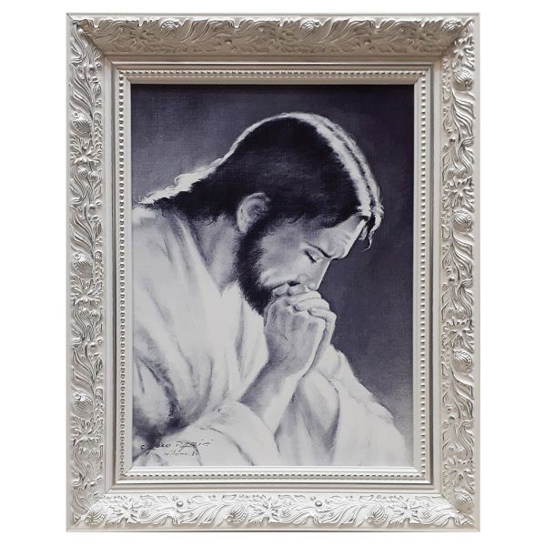 Obraz 51x41cm Pan Jezus modlący SZARY rama biała zdobiona - !12 - 12004