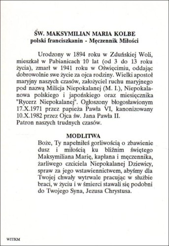 Pocztówka Św. Maksymilian Maria Kolbe. Biografia, modlitwa - 11993