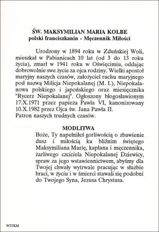 Pocztówka Św. Maksymilian Maria Kolbe. Biografia, modlitwa - 11993