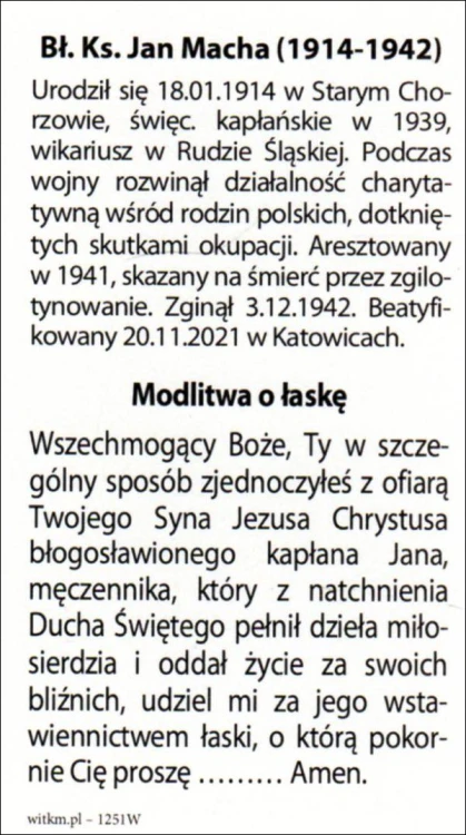 Obrazek bł. Ks. Jan Macha. Biografia, modlitwa o łaskę - 11782