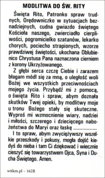 Obrazek św. Rita. Modlitwa: św. Rito, Patronko spraw trudnych... - ! - 09892