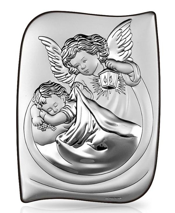 Obraz srebrny 13,5x18cm Anioł Stróż latarka prostokąt pion - 09393