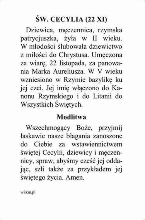 Obrazek św. Cecylia. MODLITWA Wszechmogący Boże, przyjmij łaskawie nasze błagania... - ! - 06084