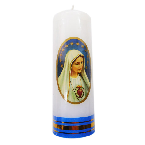 Świeca walec biały Matka Boża Fatimska 14x5cm - 08626