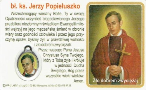 Medalik foliowany bł. ks. Jerzy Popiełuszko - medalik i obrazek z modlitwą zalaminowane - 08283