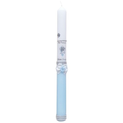 Świeca chrzest - srebrne napisy, niebieski brokat (cyrkonie) - 34820
