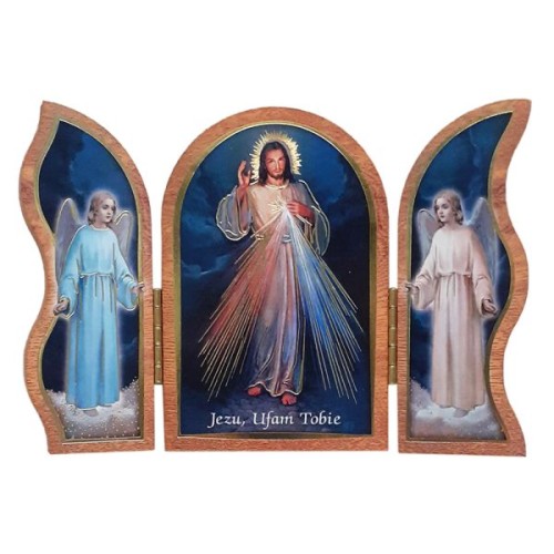Ikona TRYPTYK Jezu Ufam Tobie / Aniołowie drewniana składana 13x9cm - 68803