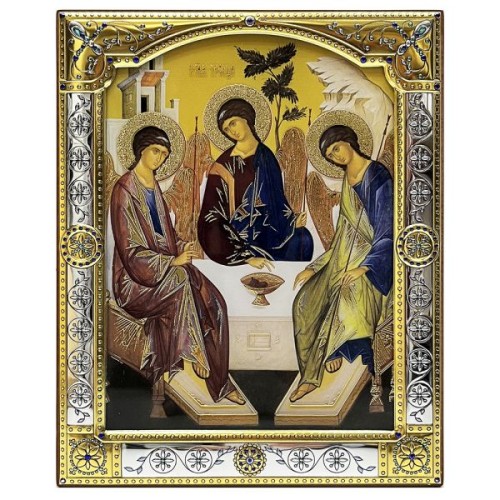 Ikona (grecka) srebrna kolorowa Trójca Rublowa 17x21 cm. z szybką - 67823