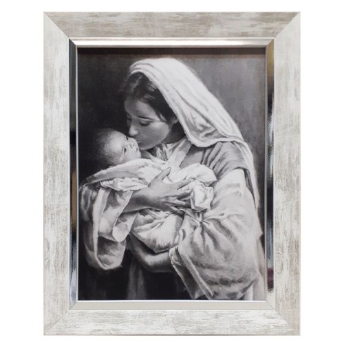 Obraz 30x40cm Matka Boża z Dzieciątkiem (pocałunek) SZARA NA PŁÓTNIE rama biało-srebrana - 64486